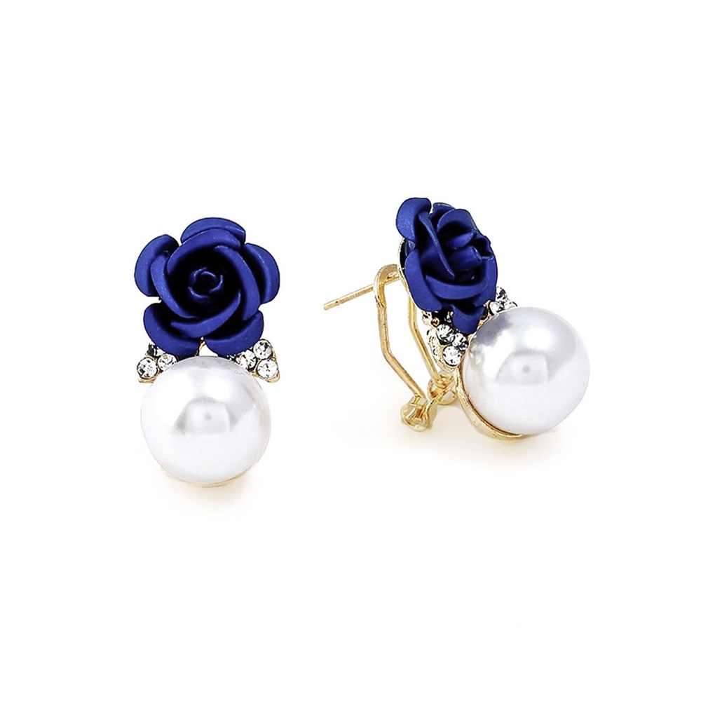 Gold w/Blue Rose & Faux Pearl Lever Back Earrings - Picture 5 of 8